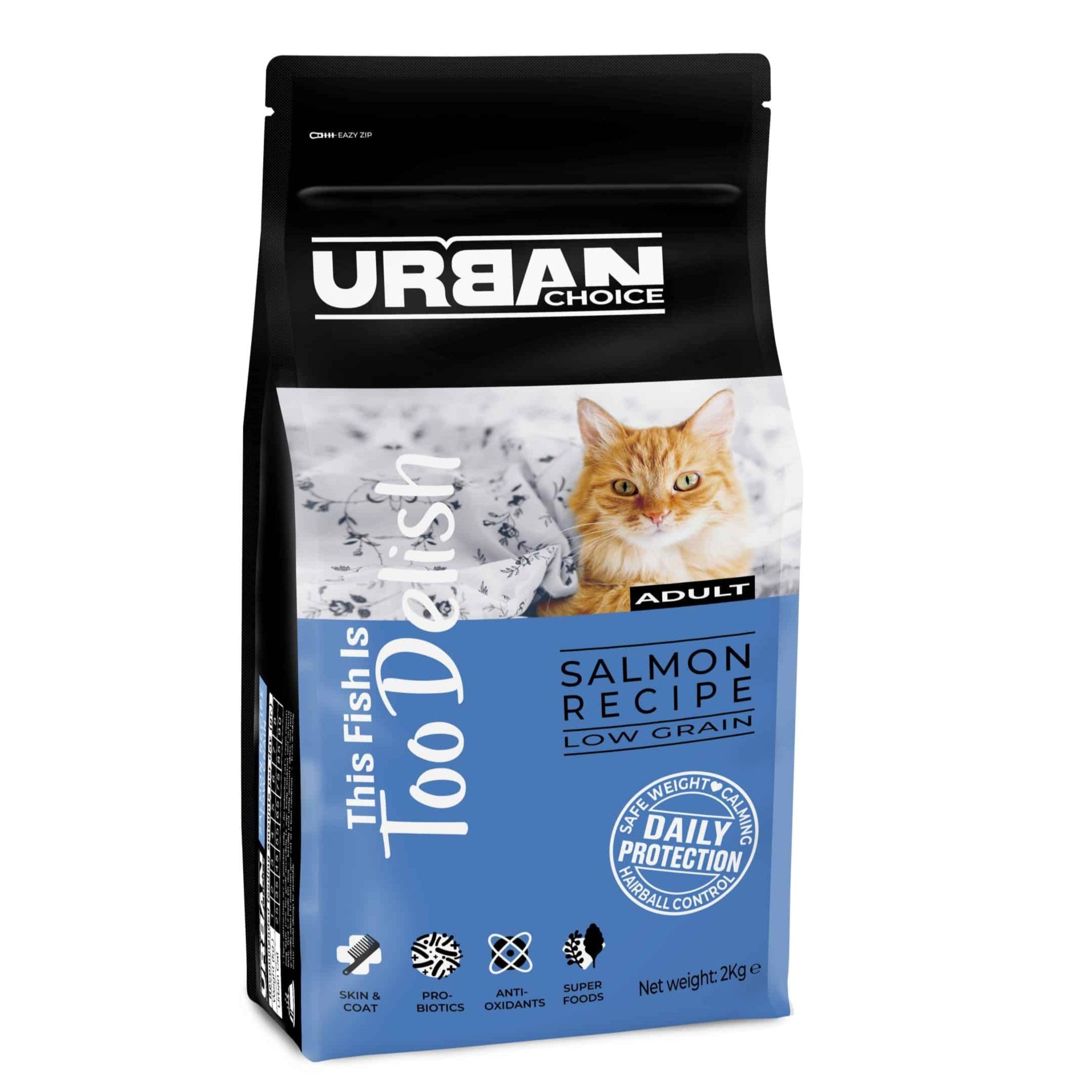 Bag of Urban Choice cat food with a salmon recipe label on a white background