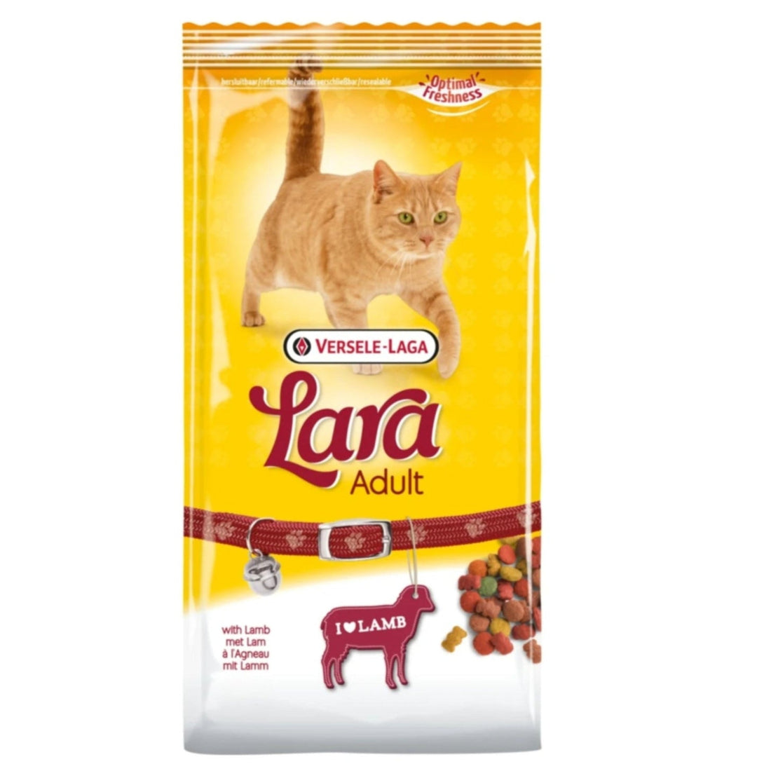Yellow package of Lara Adult cat food with a cat illustration on a white background