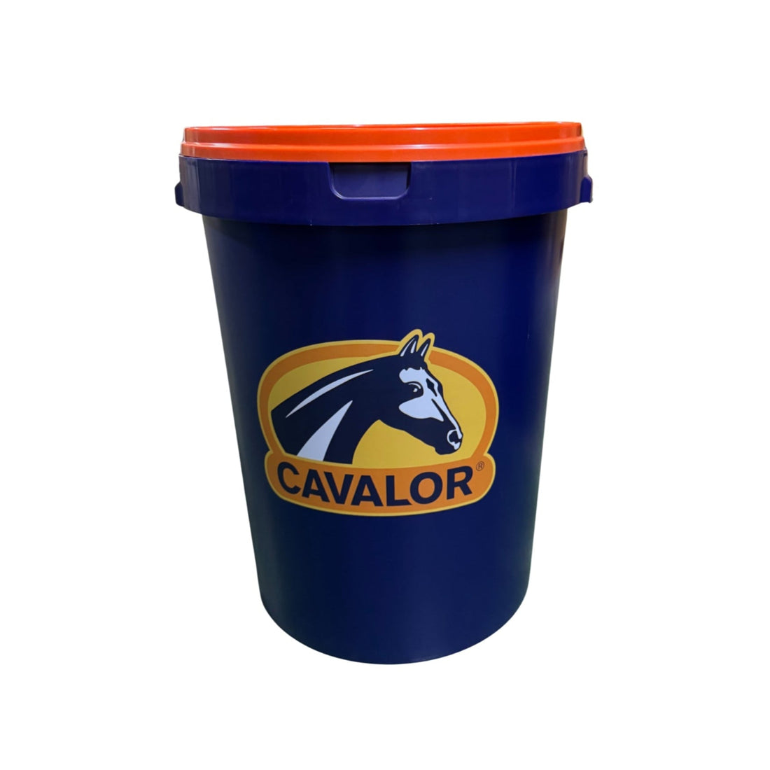 Blue bucket with orange lid featuring a horse logo and &