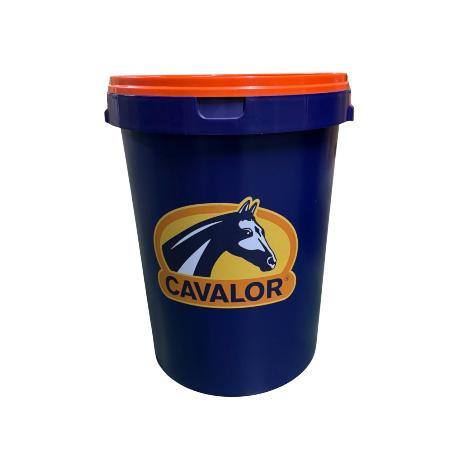 Blue bucket with orange lid featuring a horse logo and &